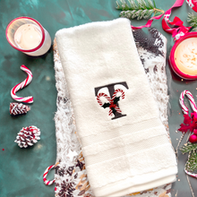 Load image into Gallery viewer, Embroidered initial candy cane hand towels
