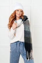 Load image into Gallery viewer, Wanderlust Wrap Oversized Plaid Fringe Scarf in Grey and Jade
