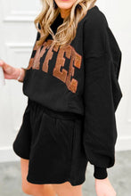 Load image into Gallery viewer, COFFEE Sequin Round Neck Long Sleeve Top and Shorts Set
