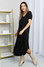 Load image into Gallery viewer, HYFVE V-Neck Short Sleeve Curved Hem Dress in Black
