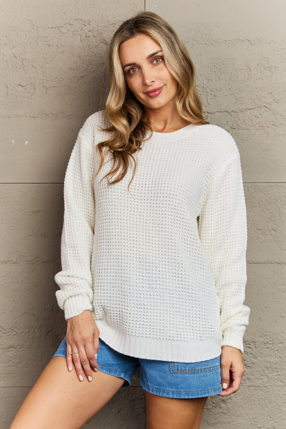 Zenana Cozy Season High Low Waffle Sweater Pullover in Ivory