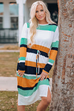 Load image into Gallery viewer, Striped Drawstring Waist Side Slit Midi Dress
