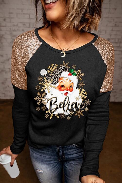 BELIEVE Sequin Long Sleeve Round Neck Blouse