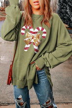 Load image into Gallery viewer, Sequin Candy Cane Round Neck Slit Sweatshirt

