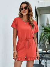 Load image into Gallery viewer, Drawstring Waist Ruffled Short Sleeve Romper
